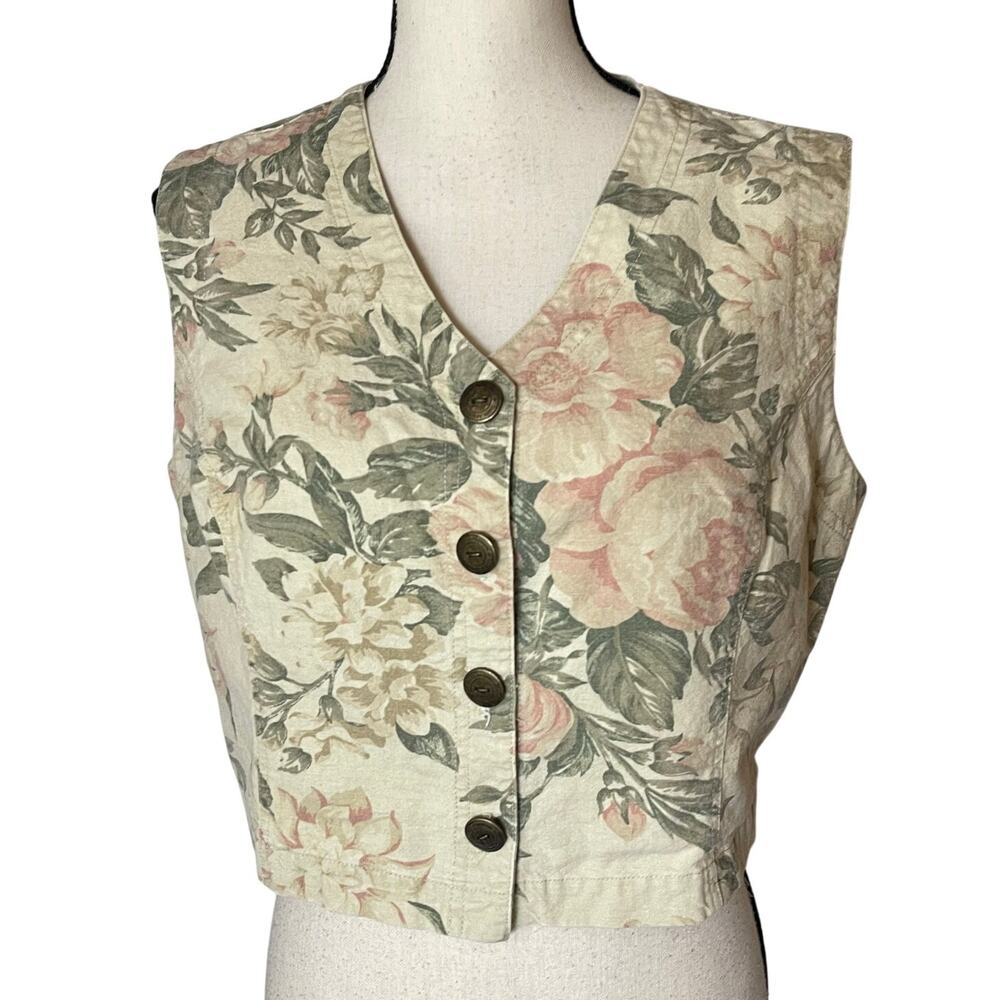VTG Carol Anderson Shabby Chic Pastel Rose Floral Vest Large Grandmacore Cottage